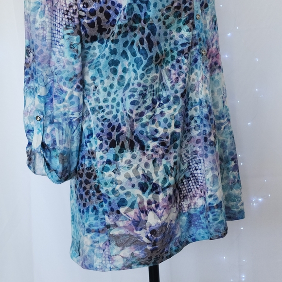 C&A Canda Premium Blue Green Blouse Sheer Lightweight Colorful 3/4 sleeves tab - Picture 5 of 15